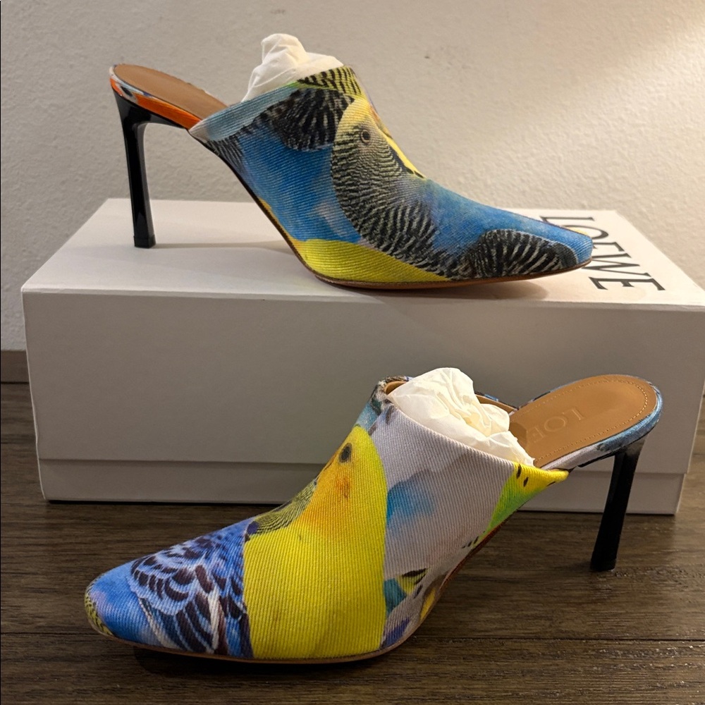 NIB [Loewe] Bird Printed Fabric Slip-On Heel Sandal Mules Women’s EU 36 / US 6 - Picture 3 of 13